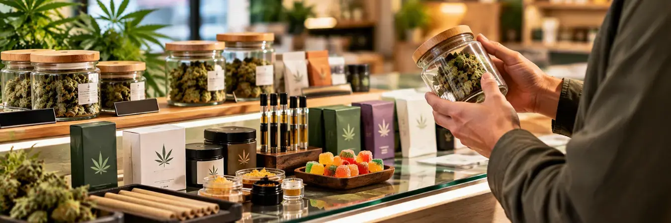 Choosing a Cannabis Brand in Michigan Customer comparing cannabis flower brands and product options at a dispensary in Michigan