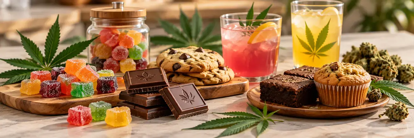Cannabis Edibles Guide Cannabis edibles including gummies, chocolates, baked goods, and infused beverages