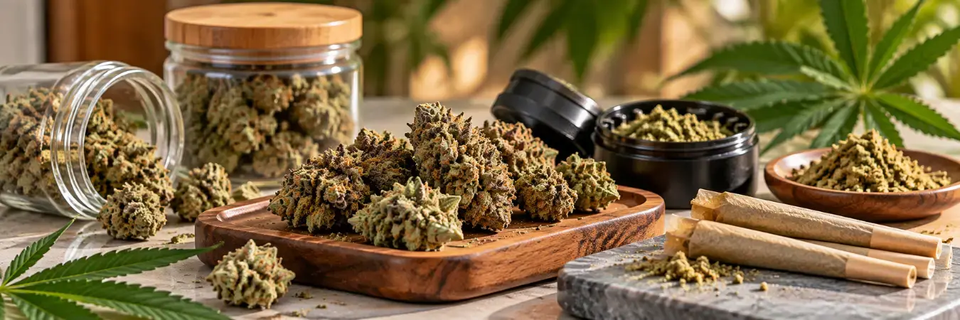 Cannabis Flower Guide Cannabis flower buds showing trichomes, different textures, and natural green and orange tones