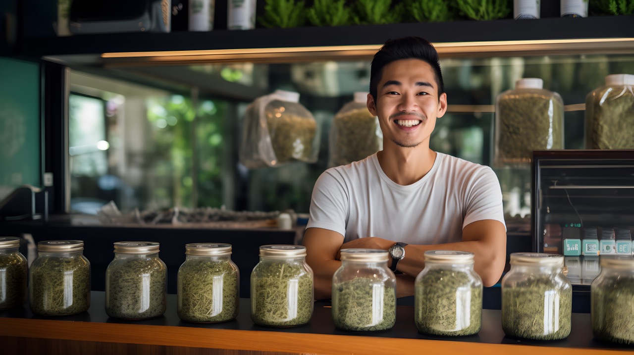 young man working in a dispensary selling cannabis