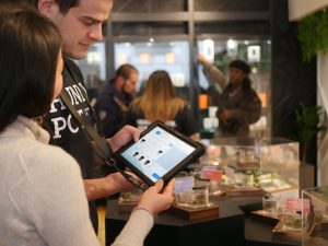 a man and a woman holding a tablet to purchase weed products from a dispensary