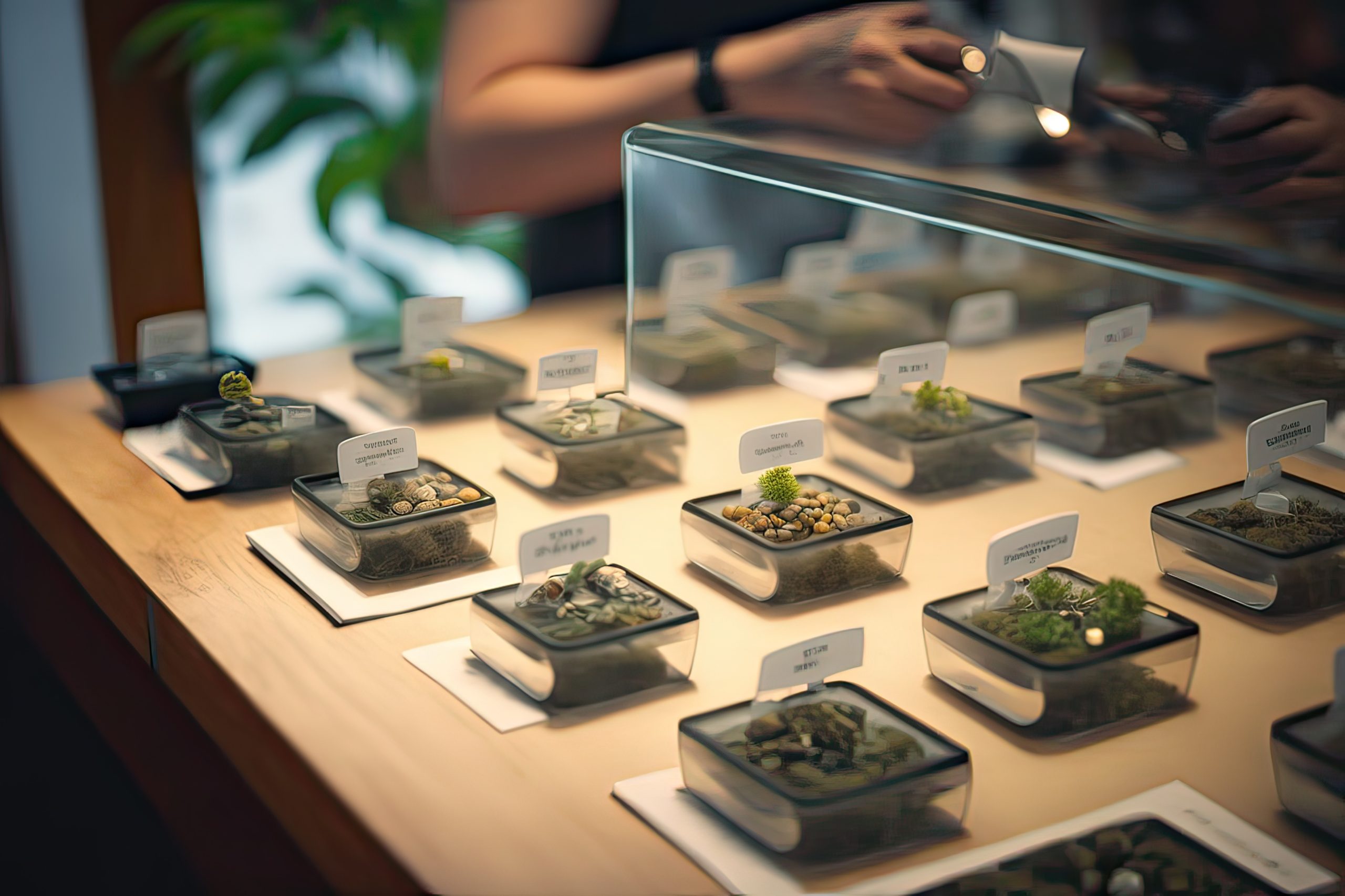 Store displaying various cannabis flower samples, medicinal marijuana