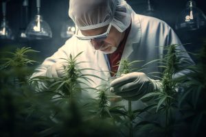 man in science jacket looking at cannabis flowers