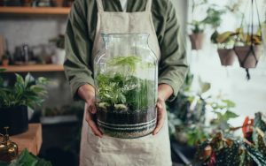Man shop assistant holding terrarium in indoor potted plant store, small business concept.